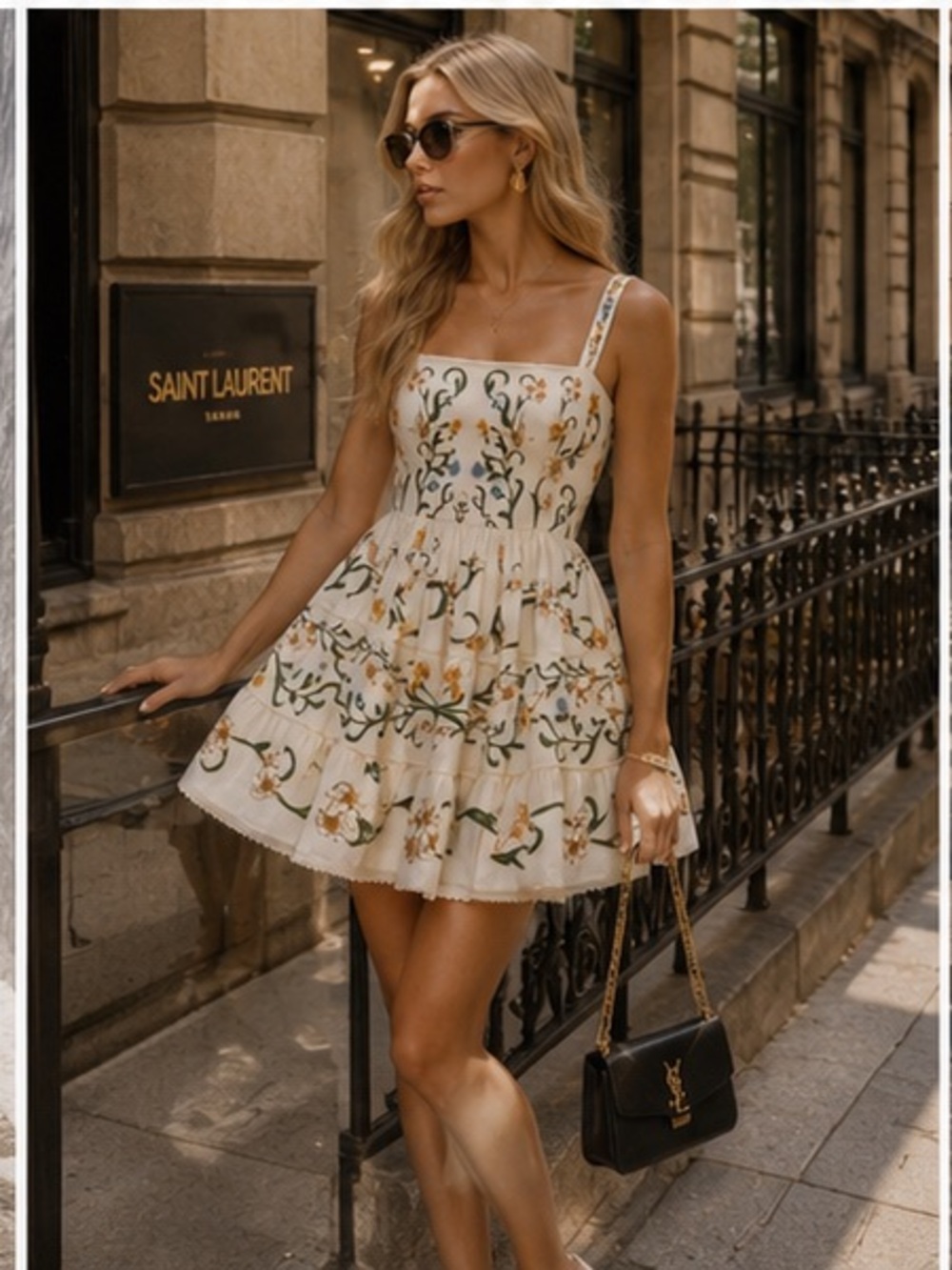 Agua by Agua Bendita White Floral Tiered Mini Dress with Green & Yellow Motifs